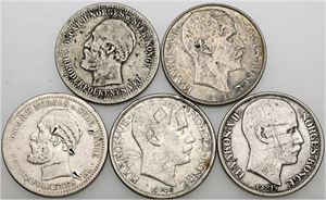 1 krone 1877, 1893, 1908, 1915, 1916. (5)