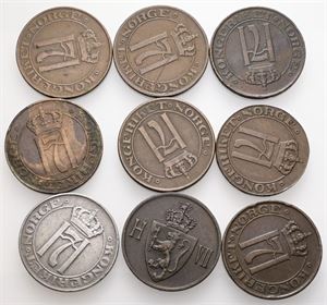 5 øre 1907, 1911, 1912, 1913, 1914, 1916, 1920, 1921, 1922. (9)