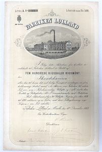 Fabriken Lolland - 1873 - Aktiebrev - 500 Rigsdaler.