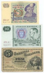 5 kronor 1910, 1966, 10 kronor 1975. (3)