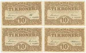 10 kroner 1943, 4 forskellige. (4)