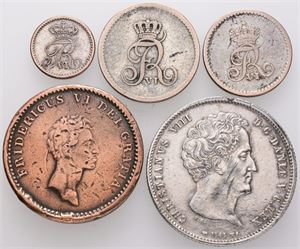 8 rigsbankskilling 1819; 16 rigsbankskilling 1818; rigsbankdaler 1848. (5)