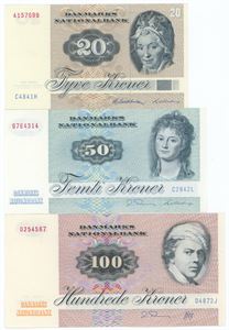 20 kroner 1984, 50 kroner 1984, 100 kroner 1987. (3)