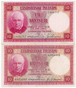 10 krónur u. år (1948), 2 stk. forskellige. (2)