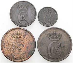 1 øre 1892; 2 øre 1892; 5 øre 1875, 1882. (4)