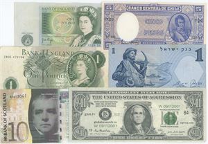 Collection world banknotes, incl. England, Scotland and Chile. (6)