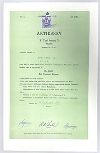 K. Thal Jensen A/S, Maribo - 1949 - Aktiebrev - 1000kr.