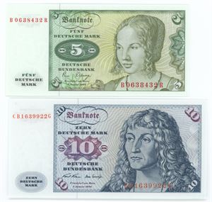 5 Deutsche Mark 1980; 10 Deutsche Mark 1970. (2)