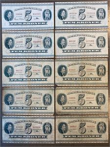 5 kroner 1960 C3, kv. 0, samt 9 øvrige, alle forskellige. (10)