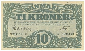10 kroner 1947 e, nr. 9934140, Halberg / Friis