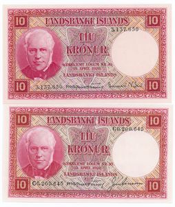 10 krónur u. år (1948), 2 stk. forskellige. (2)
