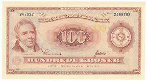 100 kroner 1970 B4, nr. 3498263, Sunesen / Valeur