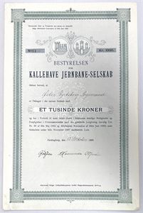 Kallehave Jernbane-Selskab - 1899 - Aktiebrev - 1000kr.