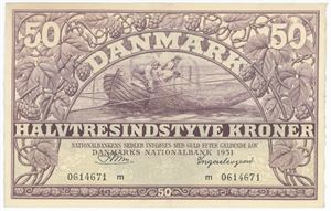 50 kroner 1951 m, nr. 0614671, Riim / Ingerslevgaard