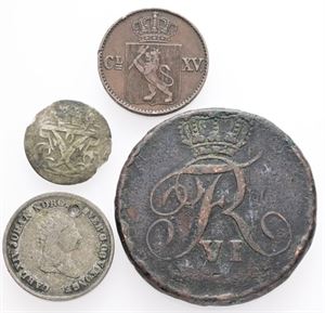 1/2 skilling 1867, skilling 1765, 4 skilling 1809, 1842. (4)