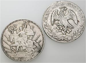 8 Reales 1879 Ga JA; Un Peso 1911. (2)