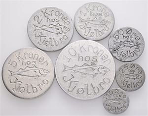 10-, 25-, 50 øre, 1-, 2-, 5-, 10 kroner. (7)