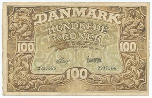 100 kroner 1932 A, nr. 2237566, V. Lange / Clementsen