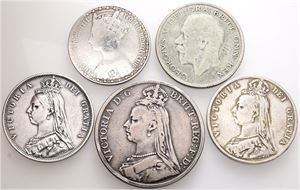 Crown 1889, Halfcrown 1887, 1889, 1928, Florin 1883. (5)