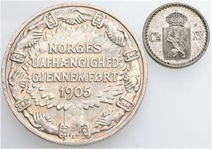 2 skilling 1870; 2 kroner 1906. (2)