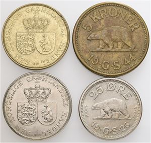25 øre 1926; 1 krone 1960, 1967; 5 kroner 1944. (4)