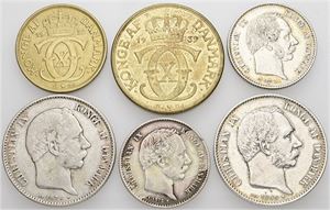 1 krone 1875, 1892, 1939; 2 kroner 1876, 1899, 1939. (6)