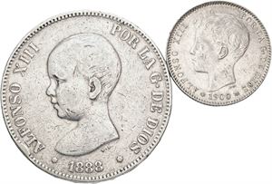 1 Peseta 1900; 5 Pesetas 1888. (2)