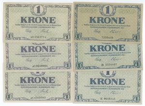 1 krone, 6 stk., alle forskellige. (6)