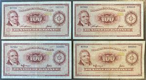 100 kroner 1970, 4 forskellige. (4)