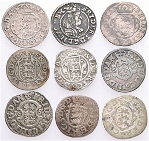 2 skilling, forskellige, samt 3 skilling lybsk 1667. (9)