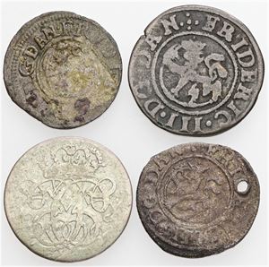 Skilling 1653, 1660; 2 skilling 1658?, 1690. (4)