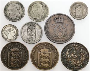 Samling, inkl. 3 cents 1859 og 10 skilling 1845. (9)