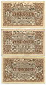 10 kroner 1944, AK, BY, BS. (3)
