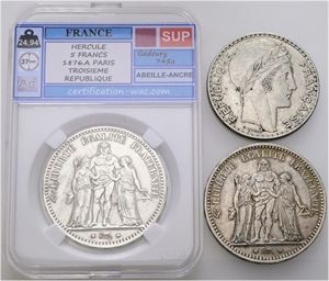 5 Francs 1873 A, 1876 A; 20 Francs 1938. (3)