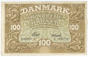 100 kroner 1928 A, nr. 5189752, V. Lange / Odewahn