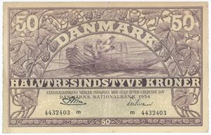 50 kroner 1954 m, nr. 4432403, Riim / Teilmann