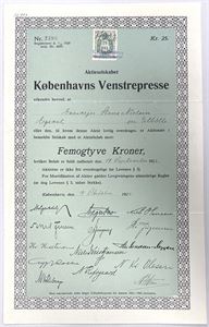 Aktieselskabet Københavns Venstrepresse - 1922 - Aktiebrev - 25kr.