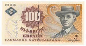 100 kroner 2008 D3, nr. 594188G, med autograf