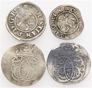 Skilling 1675, 2 skilling 1683, 1688, 1691. (4)