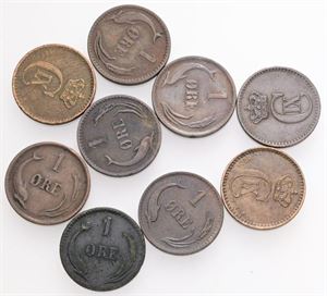 1 øre 1875, 1878, 1879, 1880, 1882, 1886, 1887, 1888, 1904. (9)