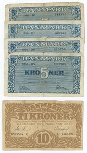 5 kroner 1950, 4 forskellige, samt 10 kroner 1939 Q. (5)