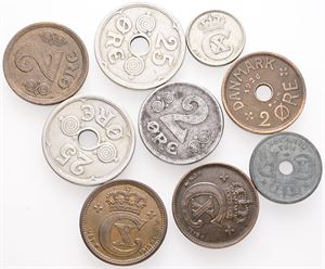 2 øre 1913, 1917, 1919, 1919, 1926; 10 øre 1922, 1945; 25 øre 1933, 1935. (9)