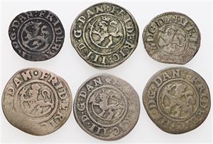 Samling skilling og 2 skilling, 6 stk, alle forskellige. (6)