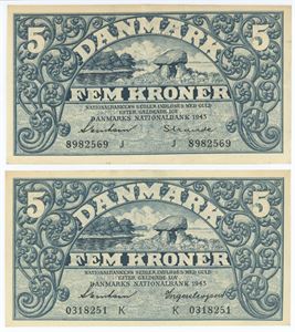 5 kroner 1943 J og K. (2)