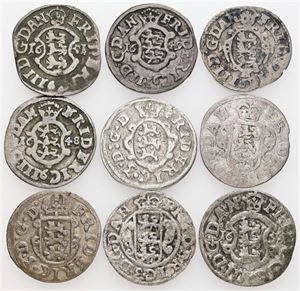 2 skillinger, 9 stk. alle forskellige. (9)