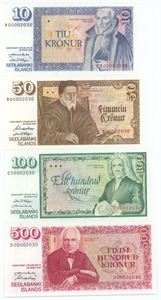 10-, 50-, 100-, 500 krónur u. år (1981), nr. A00002030. (4)