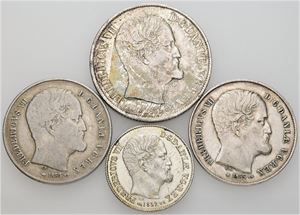 16 skilling 1857, 1/2 rigsdaler 1854, 1855 samt rigsdaler 1855. (4)
