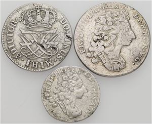 8 skilling 1711, 12 skilling 1723, samt mark / 16 skilling 1716. (3)