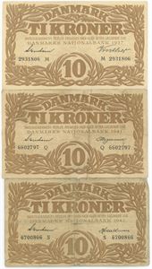 10 kroner 1937, 1941, 1942. (3)