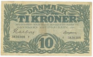 10 kroner 1947 f, nr. 383608, Halberg / Neergaard